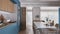Cozy blue and wooden kitchen in modern apartment, Island with stools, parquet. Oven, stove, sink and accessories, hob with pots,