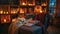 A cozy book nook with an LED candle array casting a soft glow over the reading chair. 2d flat cartoon