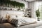 Cozy bright bedroom with indoor plants
