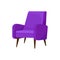 Cozy bright purple armchair with wooden legs. Chair with soft upholstery. Furniture for living room. Flat vector icon