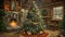 Cozy Cabin Christmas: Festive Tree and Warm Fireplace Ambiance