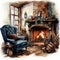 cozy cabin with a fireplace, chair, and Christmas elements illustration, isolated on a white background