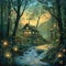 Cozy cabin illustration: Secluded in a vibrant forest, golden sunset glow, serene stream. Private retreats