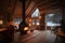 cozy cabin interior with natural elements and warm lighting