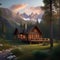 A cozy cabin nestled in a picturesque mountain valley, surrounded by towering pine trees1