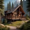 A cozy cabin nestled in a picturesque mountain valley, surrounded by towering pine trees2