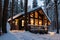 A cozy cabin nestled in the snow-covered woods with a crackling fireplace
