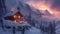 A cozy cabin nestled in the snowy mountains, surrounded by the beauty of nature