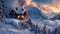 A cozy cabin nestled in the snowy mountains, surrounded by snow-covered trees and offering stunning views of the snow capped