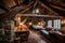 cozy cabin retreat with charming rustic decor, including exposed wooden beams and stone fireplaces