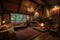 cozy cabin retreat with roaring fireplace, surrounded by warm and inviting decor