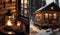 Cozy Cabin Retreat: Rustic Charm Amidst Snowy Peaks, Fireplace Glow, and Enchanting Winter Ambiance