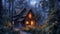 A cozy cabin in the woods its windows aglow with the reflection of the dancing moonbeams outside. .