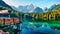 Cozy cafe on the pier. Calm morning view of Fusine lake. Colorful summer scene of Julian Alps with Mangart peak on background, Pro