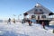 Cozy cafe `Vesta` on the top platform of the ski tow lift in the ski resort `Abzakovo`, russia 