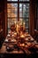 cozy candlelit table setting for thanksgiving dinner