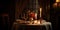 A cozy, candlelit table for two, with wine glasses and a flower centerpiece, evoking romance and intimacy, concept of