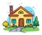 Cozy cartoon house with chimney, colorful flowers, and greenery. Sunny day with birds flying over a small home. Cute