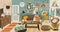 Cozy cartoon interior design vector illustration. Colorful domestic furnishing with houseplant, couch, coffee table and