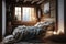 cozy chalet bedroom with plush bed, fluffy pillows and charming decor