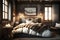 cozy chalet bedroom with plush bed, fluffy pillows and charming decor