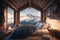 cozy chalet bedroom with soft bed, window seat, and view of the mountain range