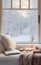 Cozy chalet house interior, sofa and panoramic windows overlooking the winter landscape