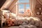Cozy children\\\'s room in the attic with a bed near the window