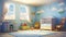 Cozy children's room with furniture, bedroom. Spacious and safe children's room