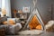 Cozy childrens room in gray-orange tones with tent, wigwam, bed, pillows, and toy shelf