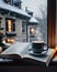 Cozy and Christmas atmosphere with cushions, steaming mug, boo