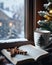Cozy and Christmas atmosphere with cushions, steaming mug, book
