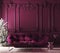 Cozy Christmas home interior with Xmas tree and sofa, Classic style, purple color interior