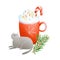 Cozy Christmas illustration with cat, festive coffee mug and spruce branch