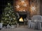 Cozy christmas interior with firelace and christmastree. 3D RENDERING