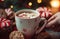 a cozy Christmas scene with a hand reaching for a mug of hot chocolate, surrounded by cookies and festive decorations