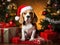 Cozy Christmas Scene Playful Beagle, Santa Hat, and Festive Decorations,ai generated