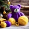 Cozy Christmas scenery with a purple knitted teddy bear and yellow knitted blanket