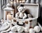Cozy Christmas scenery with a white knitted teddy bear and white knit blankets