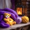 Cozy Christmas scenery with a yellow knitted teddy bear and purple knit blanket
