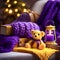 Cozy Christmas scenery with a yellow knitted teddy bear and purple knit blanket