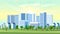 Cozy clean city. Modern, pleasant exterior. High-rise buildings and small houses. Parks, trees and lawns. Flat style. Vector