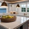 A cozy, coastal beach house kitchen with white cabinets, a farmhouse sink, and nautical accents1