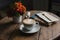 Cozy coffee scene white cup mockup on wooden table