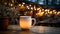 Cozy coffee shop, rustic table, hot drink, illuminated window generated by AI