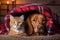 Cozy Companions: Dog and Cat Basking in a Hat and Blanket at Home (AI Generated)