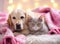 Cozy Companions Golden Labrador and White Cat in Pink Blanket