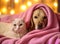 Cozy Companions Golden Labrador and White Cat in Pink Blanket