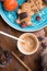 Cozy composition with coffe and  cookies at wooden table. life style concept. flat lay. close up