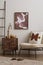 Cozy composition of living room interior with mock up painting frame, boucle armchair, pillow, wooden coffee table, ladder,